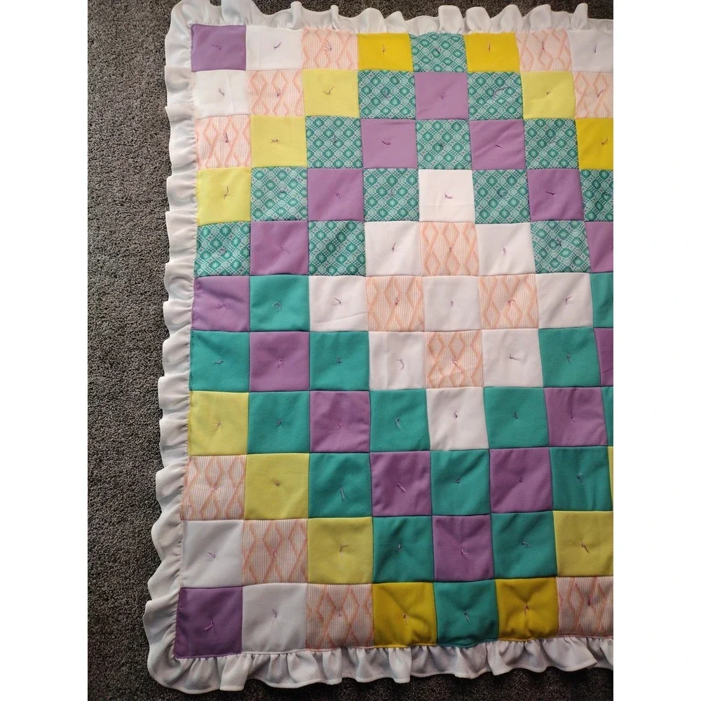 70's Crib Quilt Baby Toddler Blanket Handmade Patchwork 42